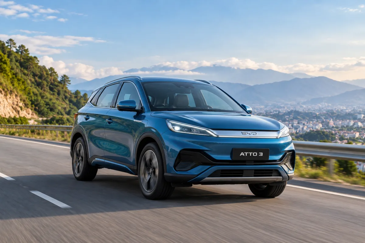 SUV rental in Nepal - BYD Atto 3 electric SUV on a mountain highway